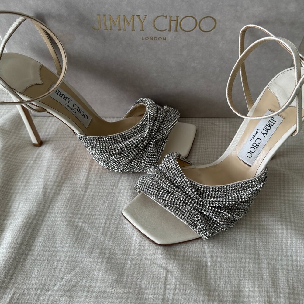 JIMMY CHOO Naria 110 Crystal-Embellished Leather Sandals White Size 39